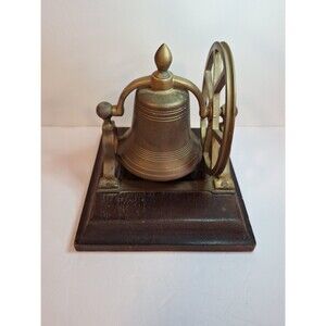 Handcrafted Solid Brass Ship Bell On Wood Base Nautical Desk 7"x7" Lovely Patina